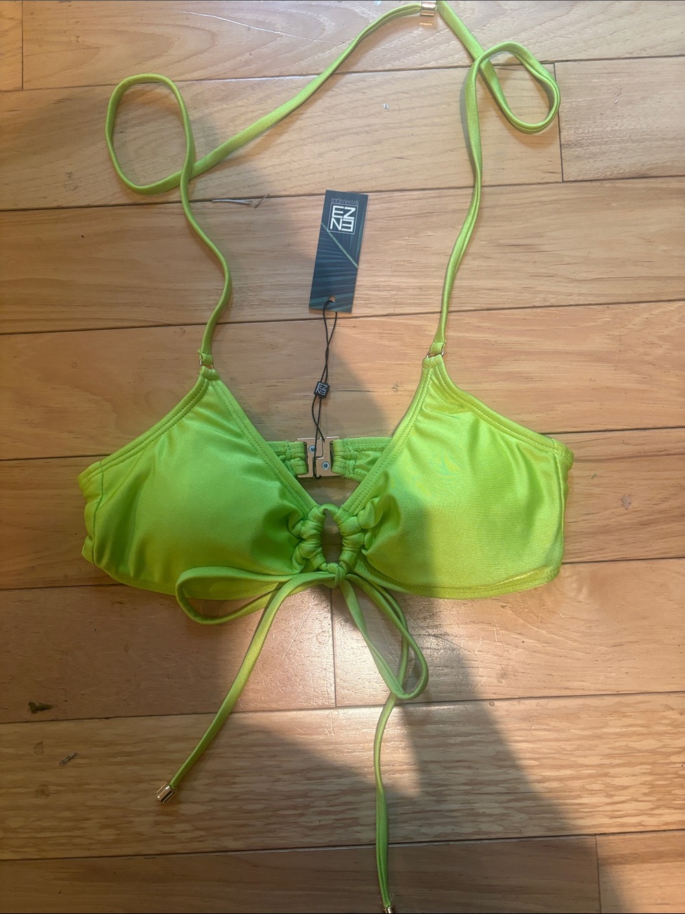 Enez Swim Neon Lime Green Halter Bikini Top and scrunch cheeky string bottoms